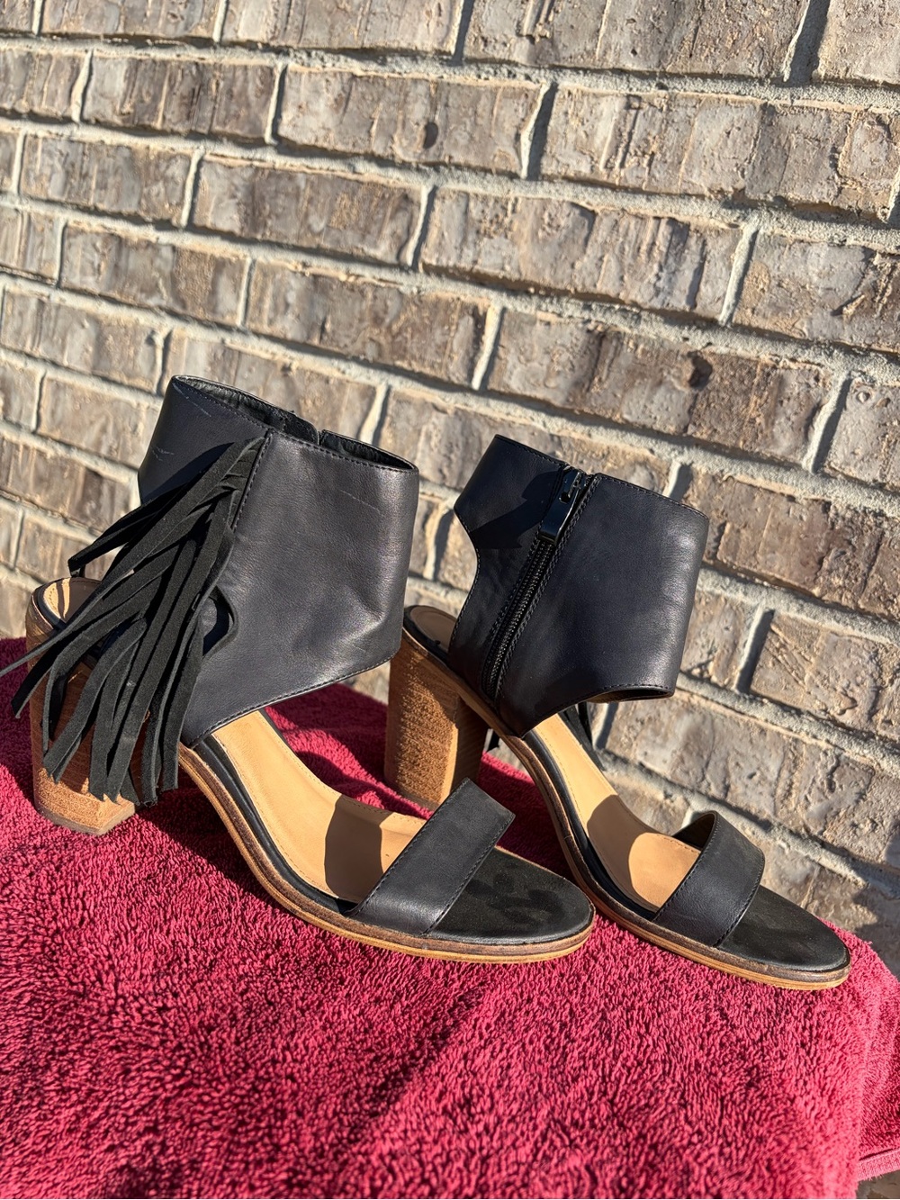 Black Fringe Open-Toe Block Heel Sandals